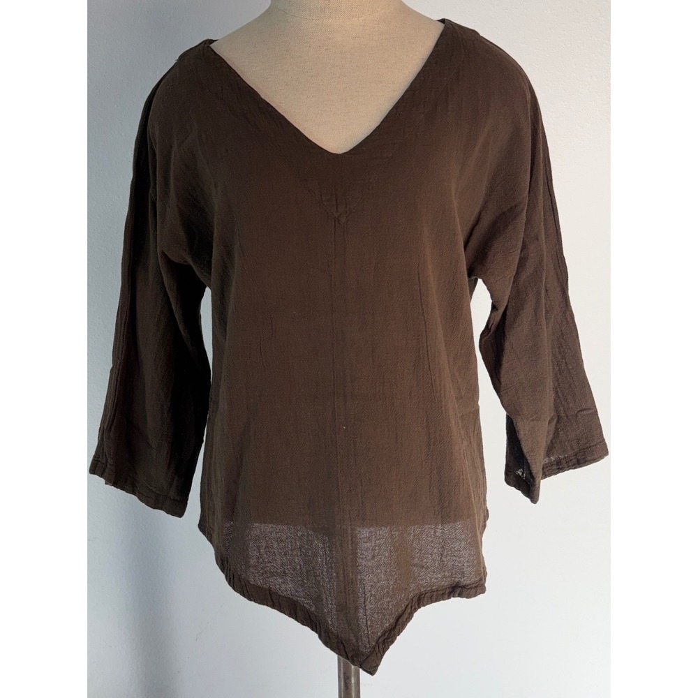 Oh My Gauze Lynn Cotton Top Expresso Brown Asymmetric Hem Lagenlook Boho S/M